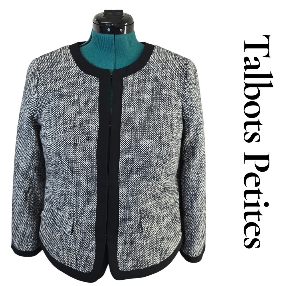 Talbots Petites Tweed Blazer Jacket‎  Collarless Hook Closure Pockets 10P